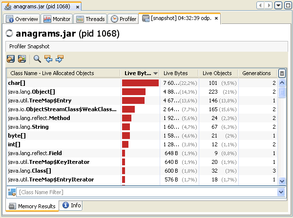 screenshot of memory profiling snapshot